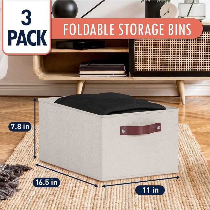 3 Pack Collapsible Shelf Basket Rectangle Storage Bins with Faux Leather Handles