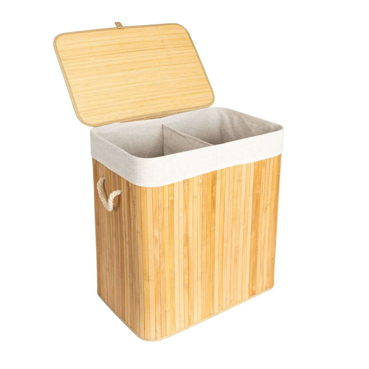 Household Essentials Bamboo Double Laundry Hamper with Rope Handles and Removable Laundry Bag