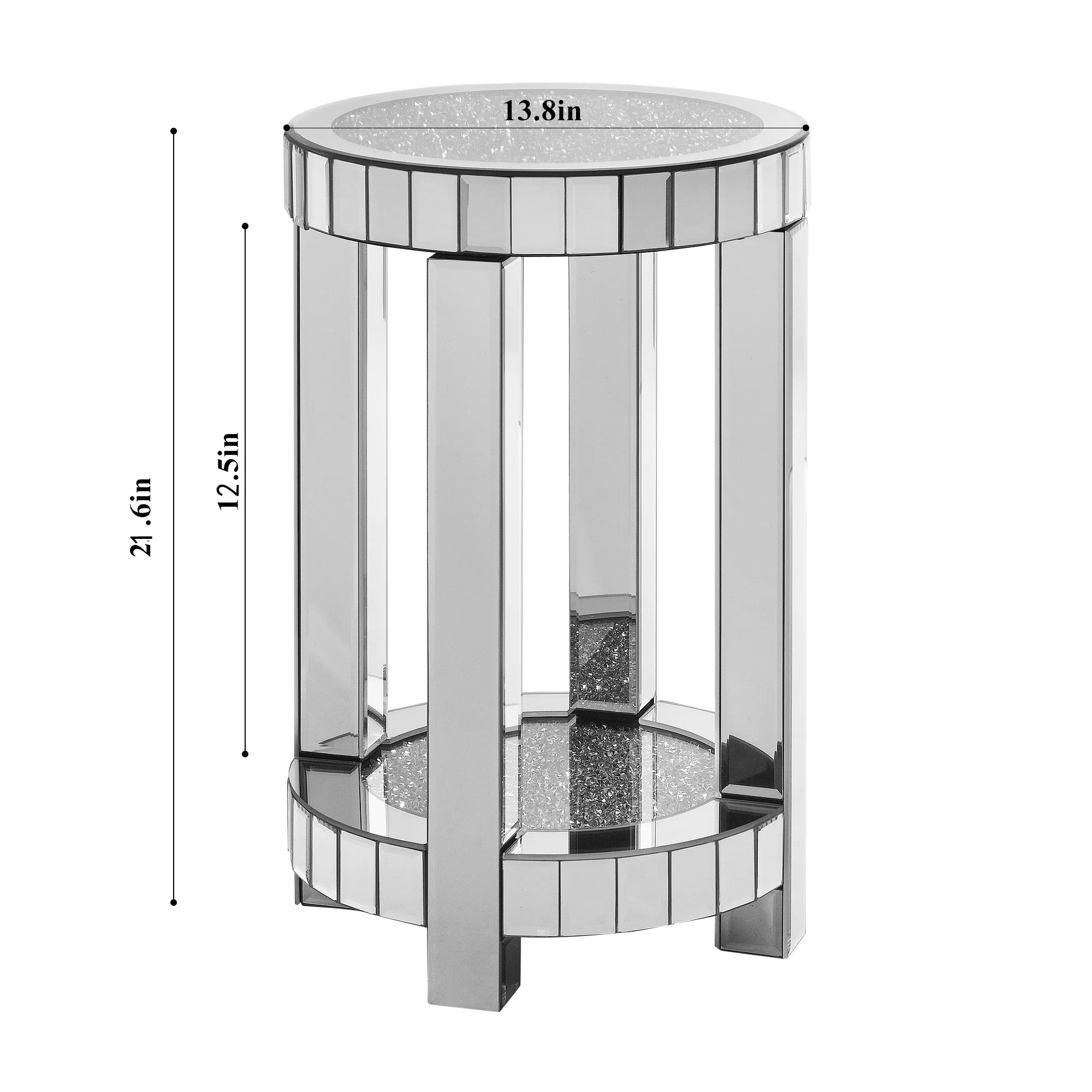 Mirror Round Side Table with Crystal Inlay and Storage Space