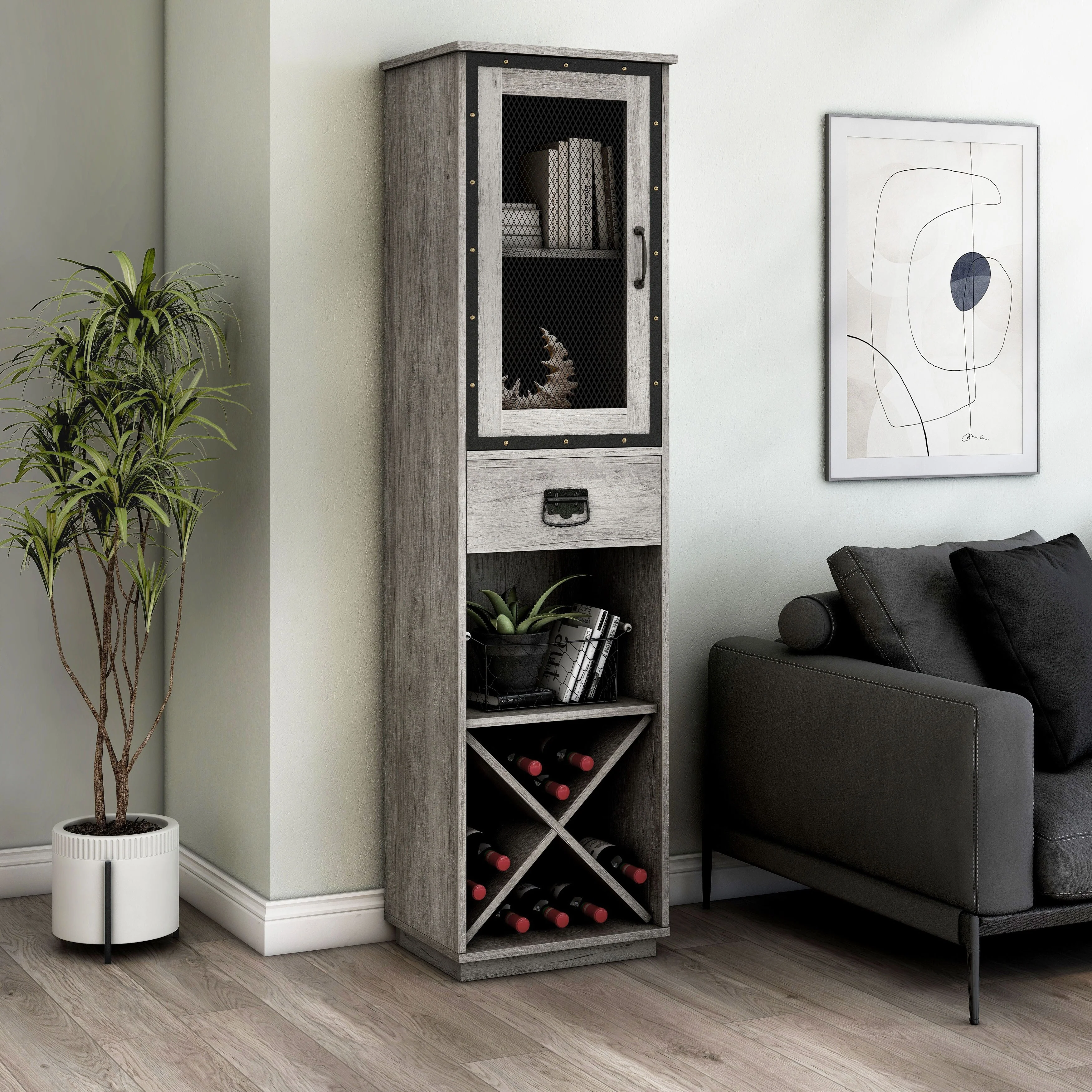 DH BASIC Industrial 3-shelf Tower Cabinet with Wine Bottle Storage by Denhour