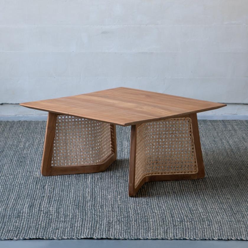 Square Coffee Table with Wooden Top and Rattan Base