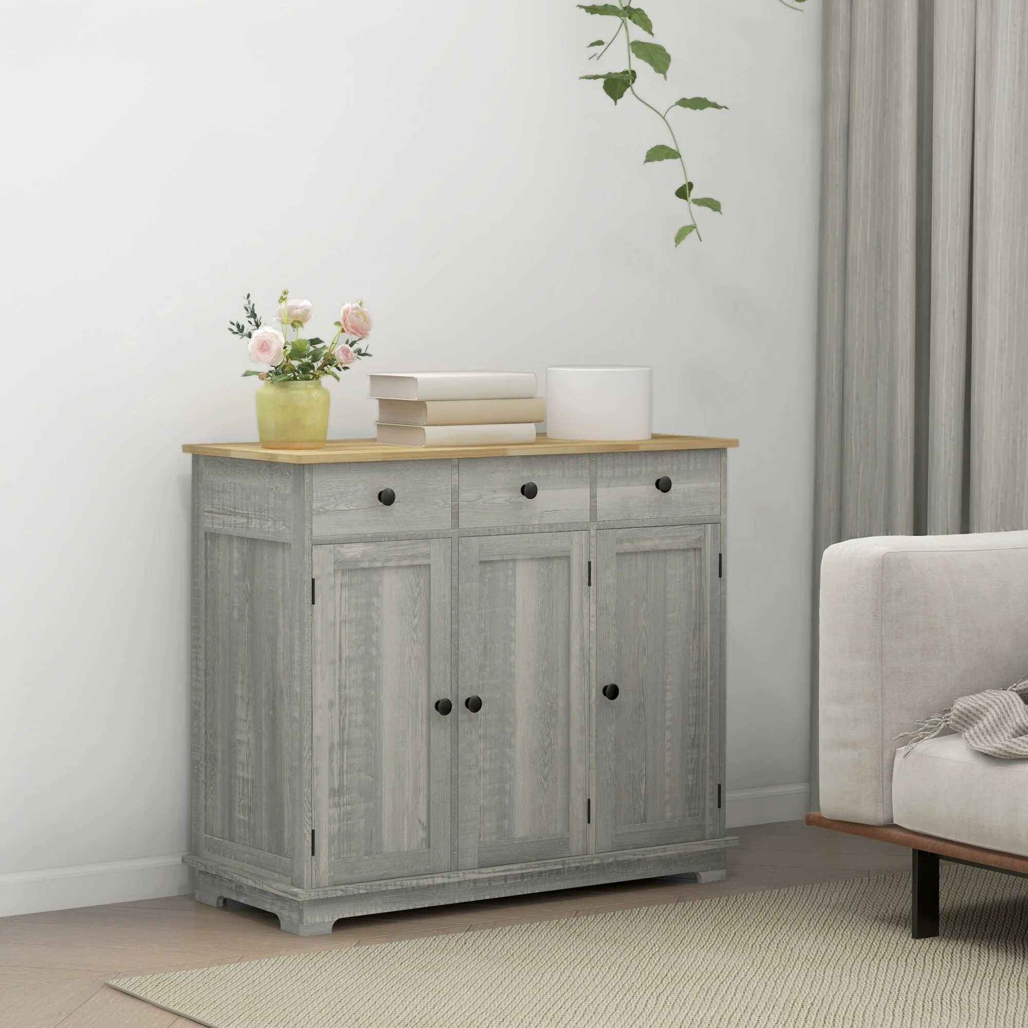 HOMCOM Sideboard with Solid Wood Countertop, Modern Kitchen Storage Cabinet, Coffee Bar Cabinet with 3 Drawers