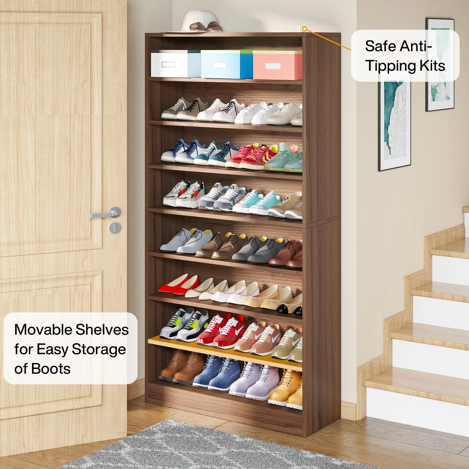 9 Tiers Tall Shoe Storage Rack Cabinet with Open Shelf for Entryway
