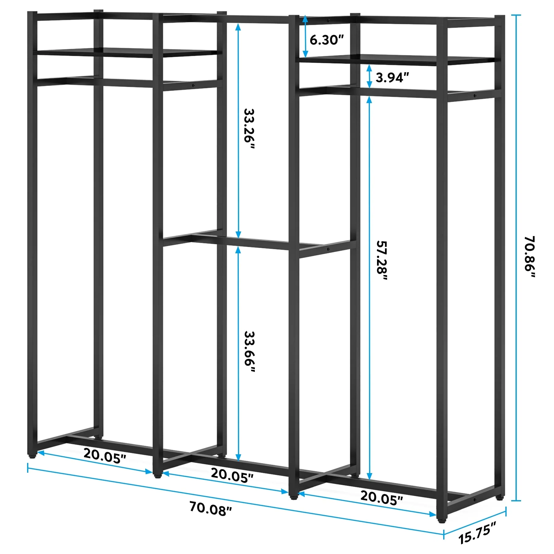 Free Standing Closet Organizer with Hanging Rods, Garment Rack Heavy Duty Clothes Rack with Storage Shelves, Max Load 500LBS