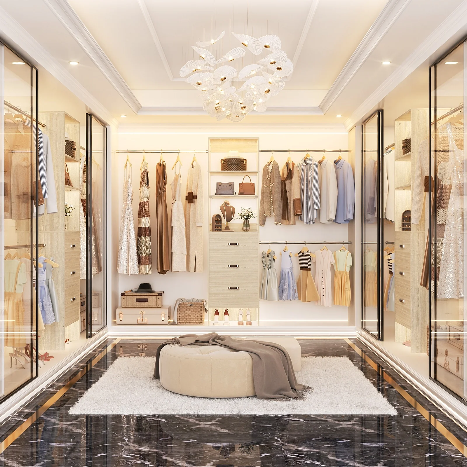 20.5-96'' W Closet Organizer System with Extendable Hanging Rods and Drawers and Tower Shelves