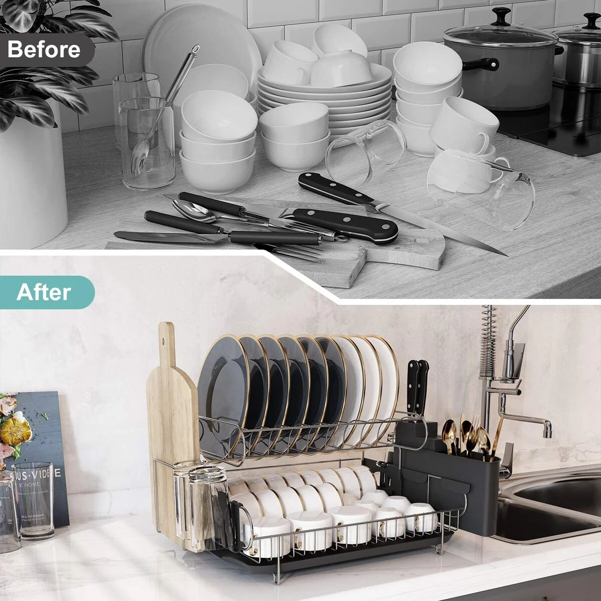 Double Tier Stainless Steel Dish Rack, with Drainboard Set and Utensil Holder - Large