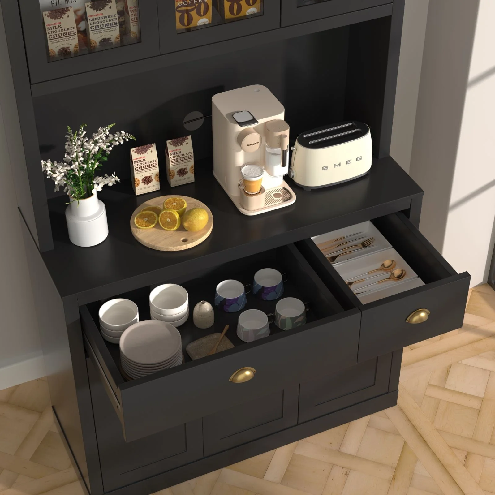 VEIKOUS Kitchen Pantry Storage Cabinet Cupboard with Framed Glass Door and Drawer