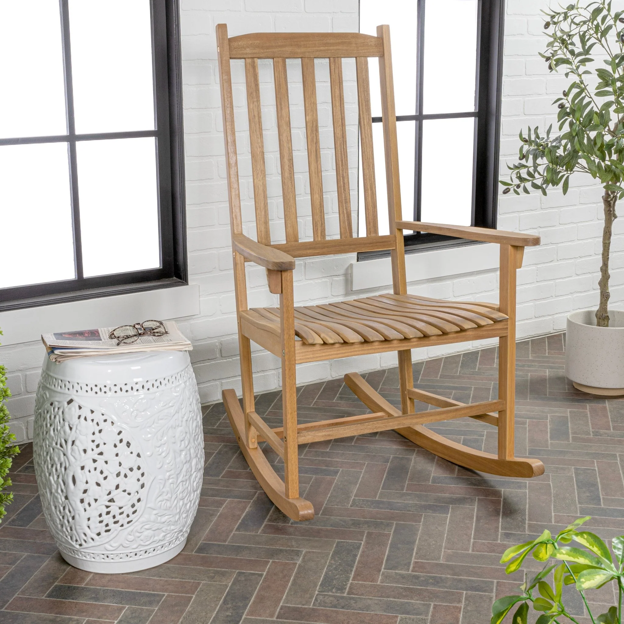 Seagrove Farmhouse Classic Acacia Wood Outdoor Rocking Chair, Teak Brown