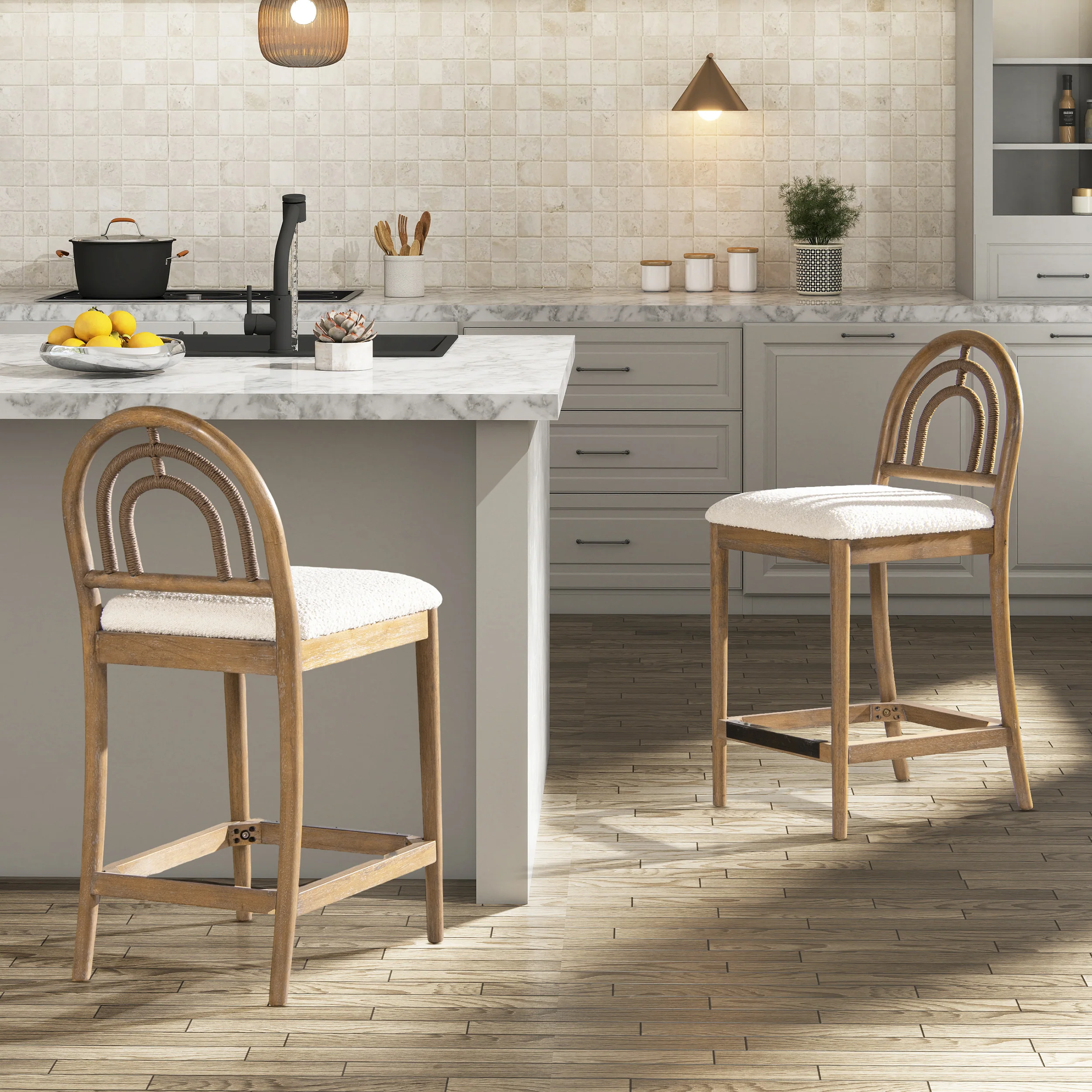27 Upholstered Counter Stool with Arched Back Wood, Set of 2
