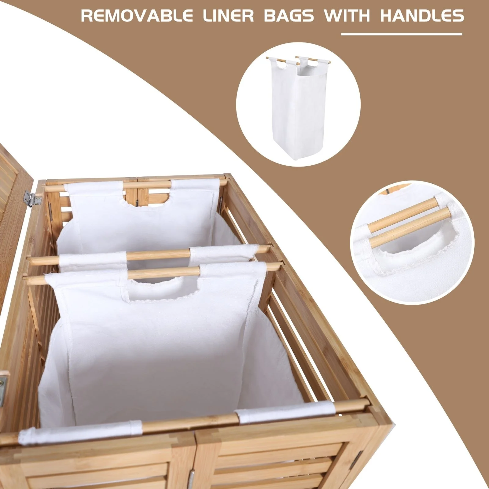 VEIKOUS Bamboo Divided Hamper Laundry Basket with Lid and Removable Liner Bags, 2 Section - 22''W x 25.3''H x 14''D