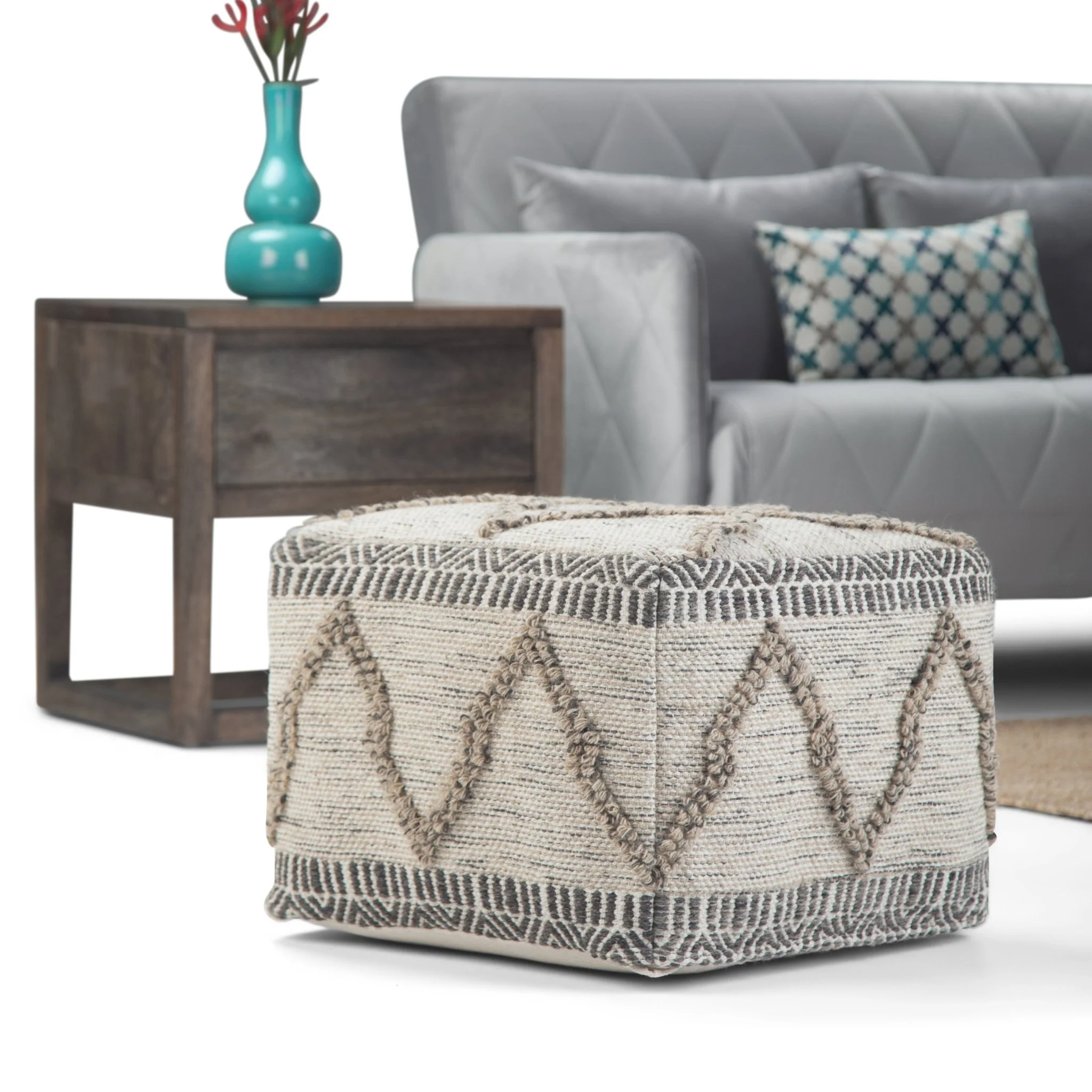 Wool and Cotton Woven Zig-Zag Square Pouf