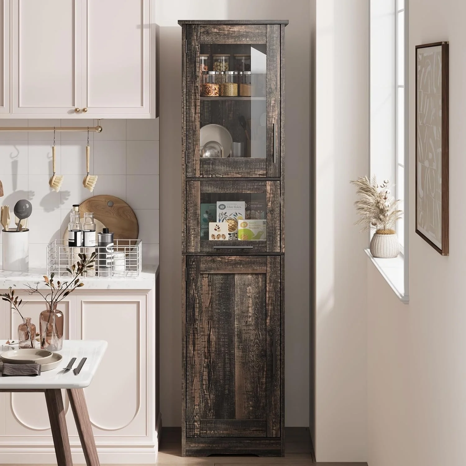 Tall Bathroom Cabinet, Linen Storage Cabinet with Doors and Adjustable Shelves and Drawer