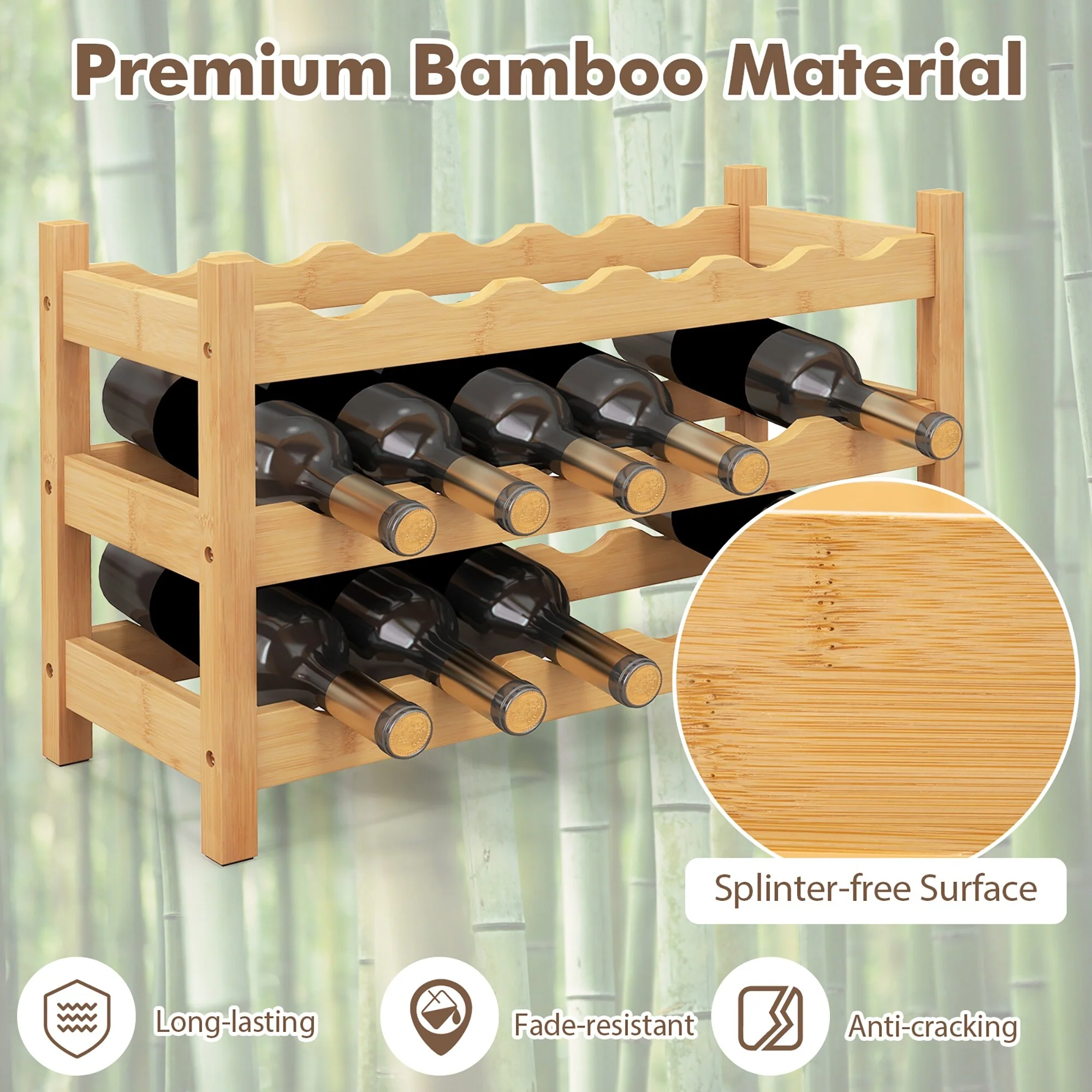 Gymax 3 Tier 18 Bottle Wine Storage Cabinet Shelf Bamboo Wine Rack for