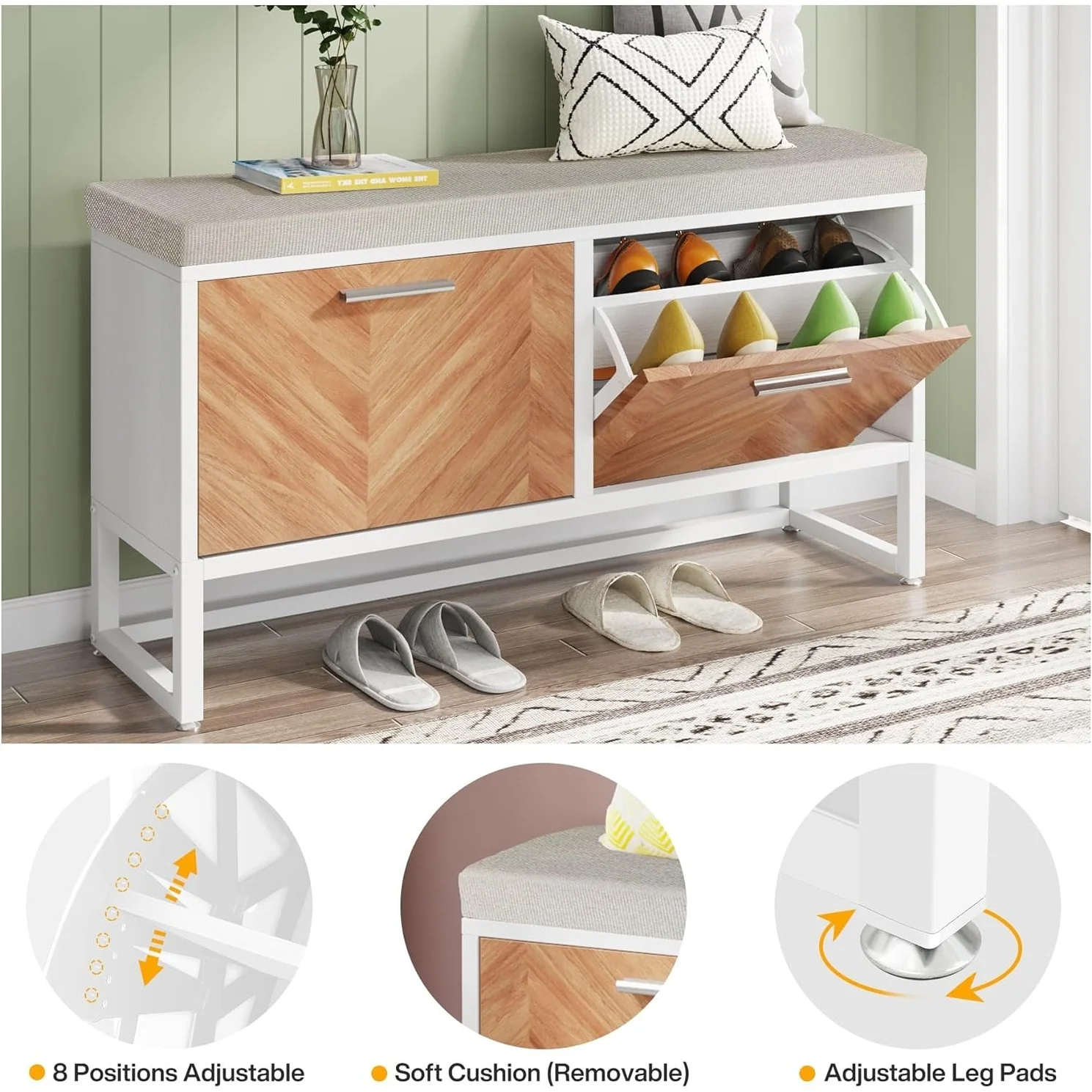 Shoe Storage Bench with Cushion, Entryway Shoe Bench with 2 Flip Drawers