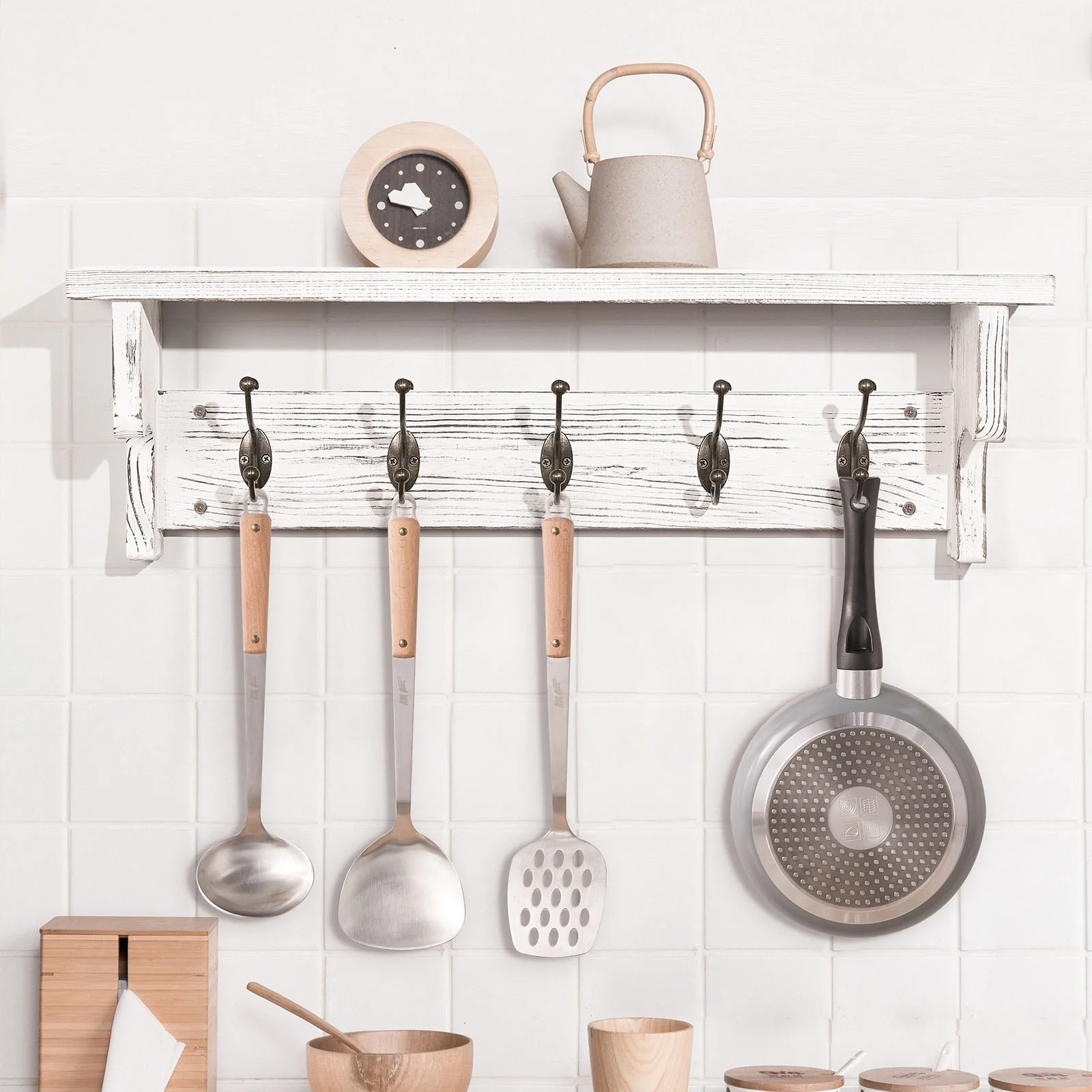 Rustic Wall Mounted Coat Rack with Storage Shelf & Metal Hooks