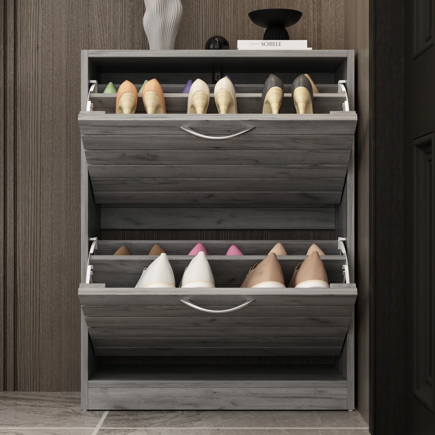6-12 Pair Shoe Storage Cabinet Two Drawer Space Saving Grey/Oak