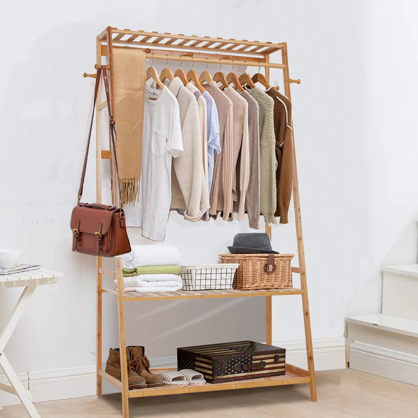 Bamboo Garment Coat Clothes Hanging Heavy Duty Rack with Top Shelf - 31 in. x 65 in.x 17 in.