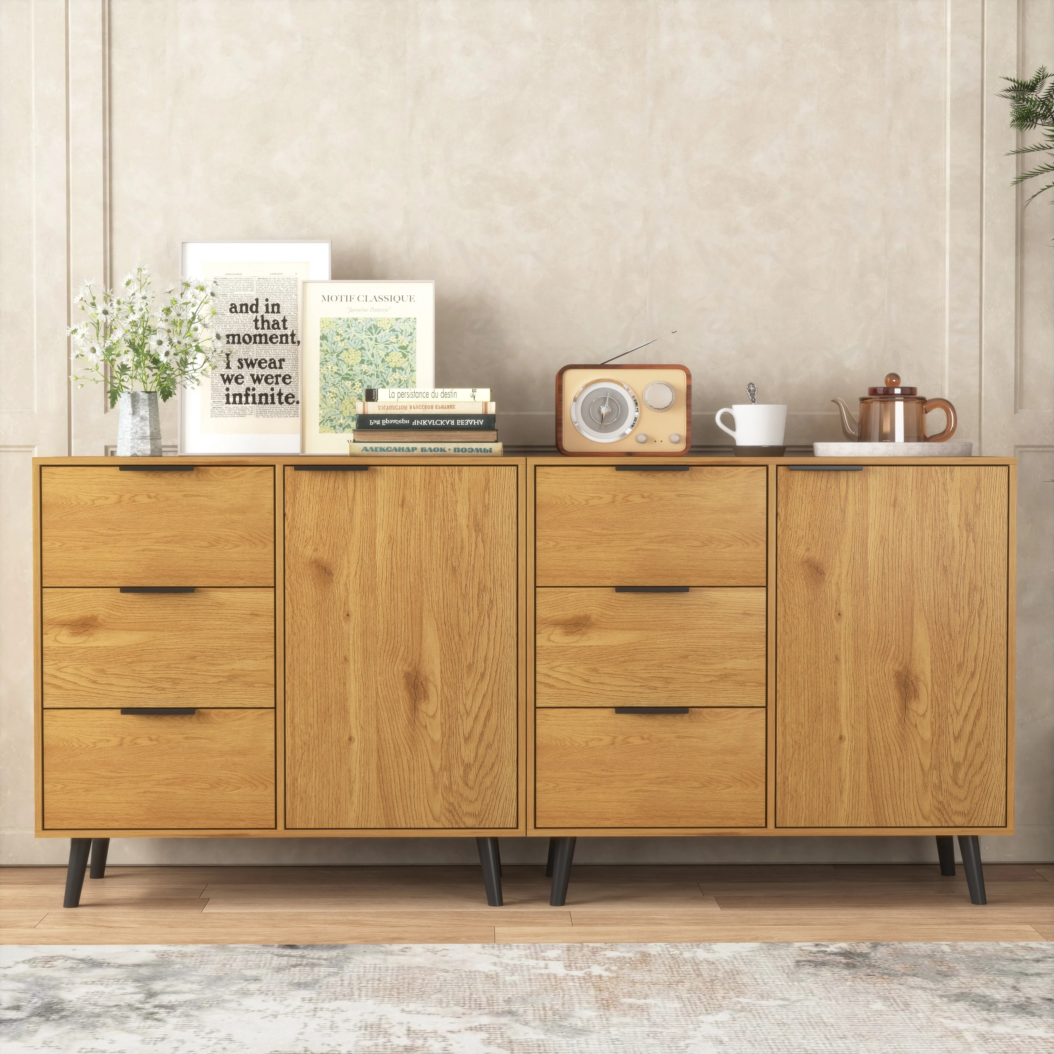 Sideboard Buffet Cabinet with Storage, Wood Coffee Bar Cabinet with Drawers & Doors