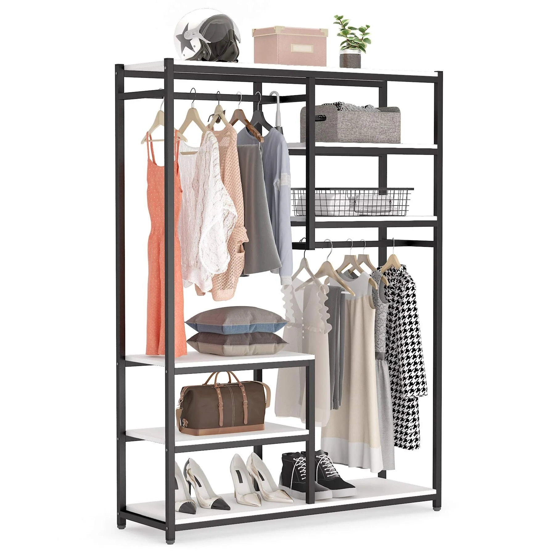 Freestanding Closet Organizer Garment Rack with Hanging Rod and Storage Shelf