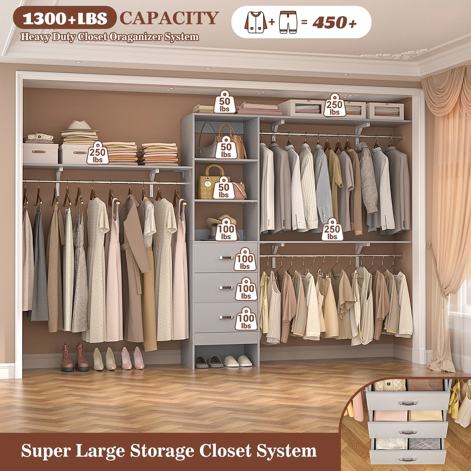 Rackcog 120'' Closet Organizer with Drawers, Closet System with DIY Shelves for Reach-in and Walk-in Closet