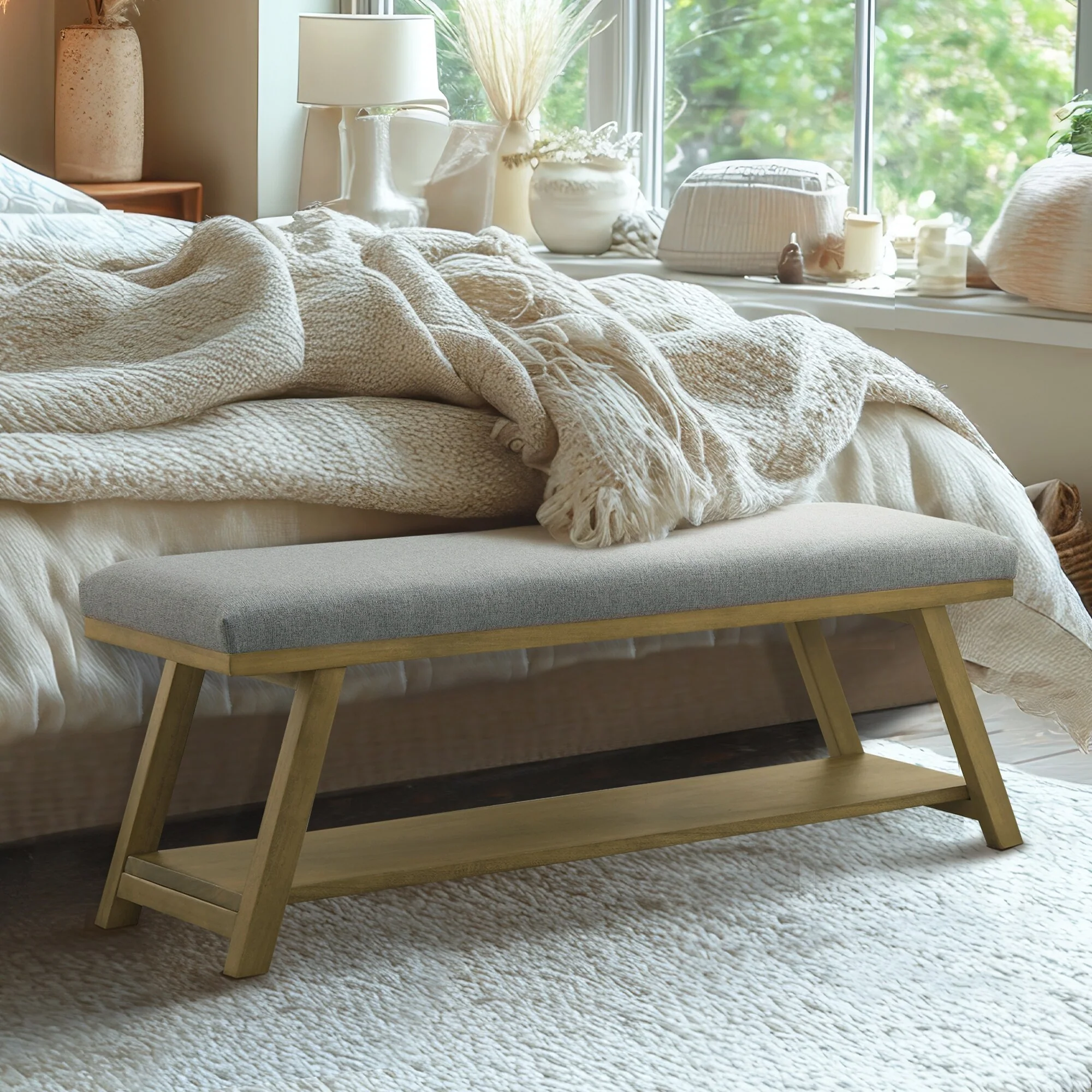 Solid Wood Shoe Bench with Cushion Entryway Shoe Bench