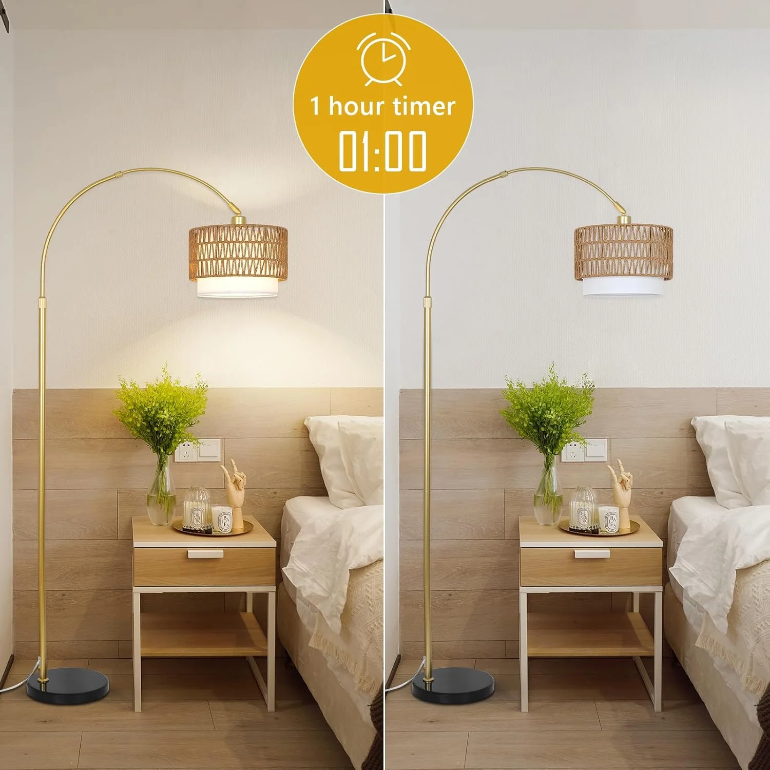 Adjustable Height Arched Floor Lamp with Double Drum Shade and 3 Color Temperatures