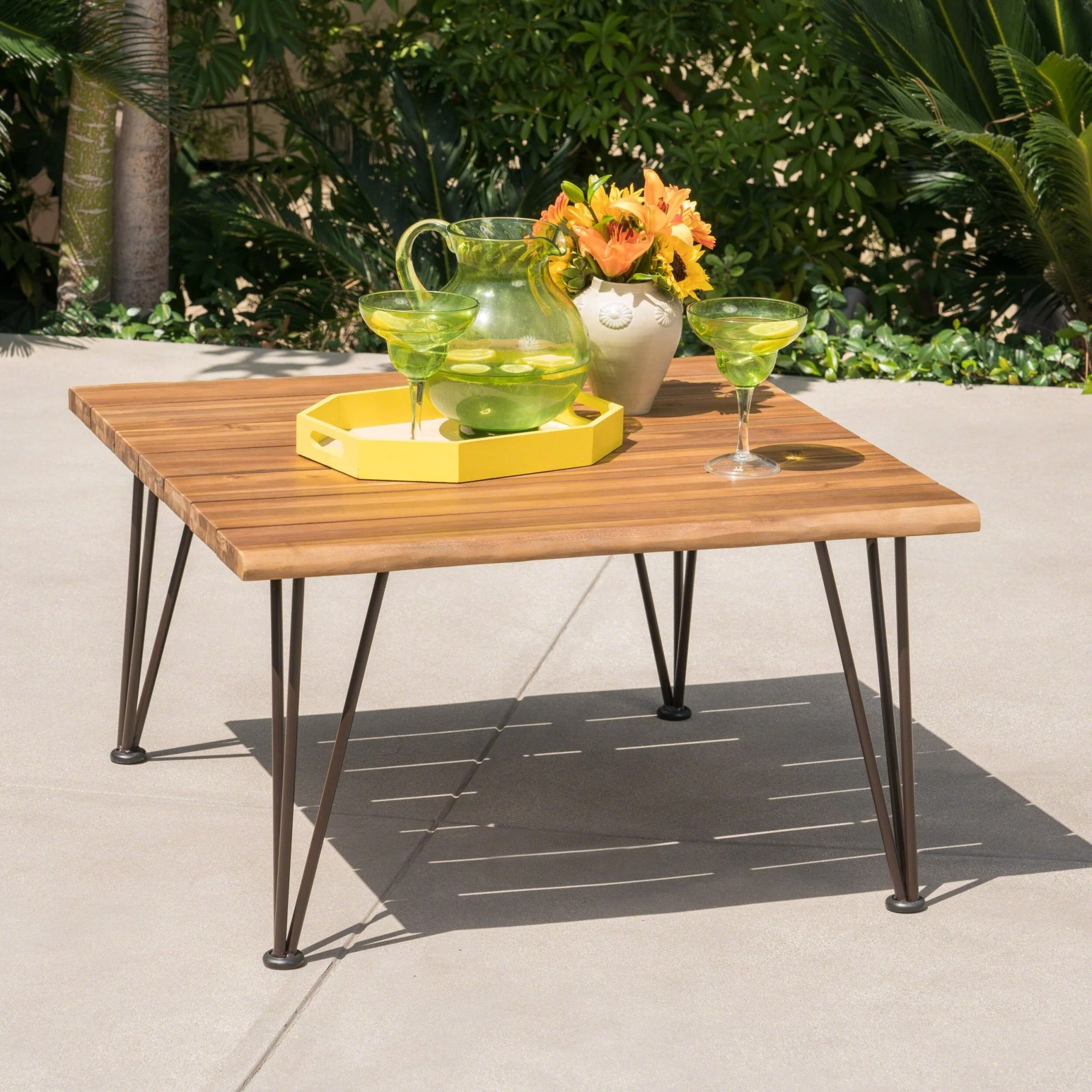 Outdoor Coffee Table with Slat Top and Metal Legs