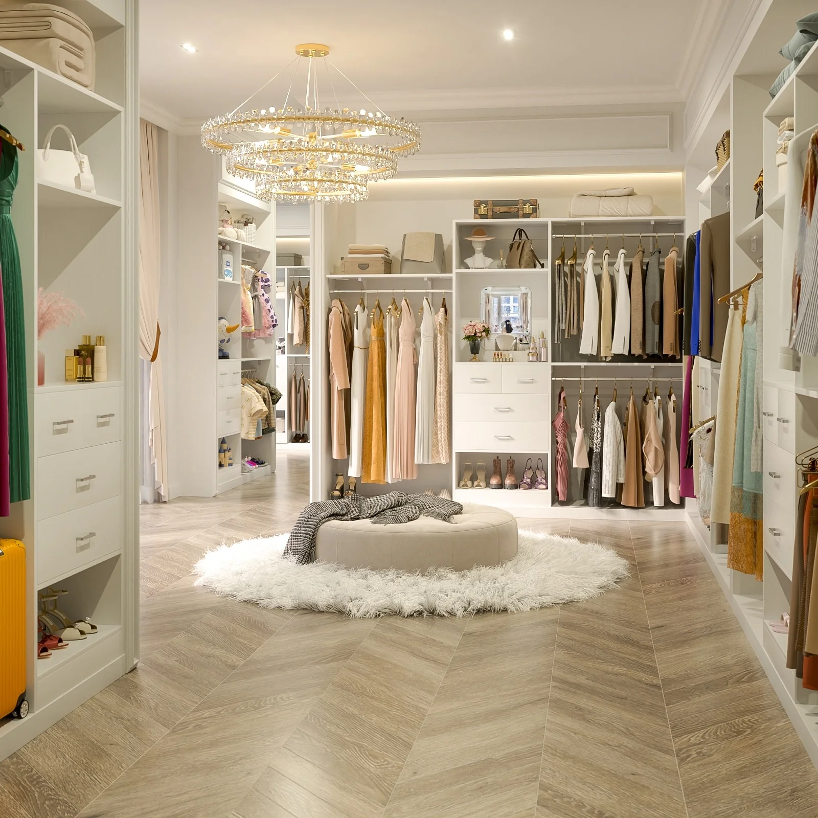 96'' W Closet System with Mirror, 8FT Walk-in Closet Organizer Kits with 4 Wooden Drawers ＆ 3 Extendable Hanging Rods