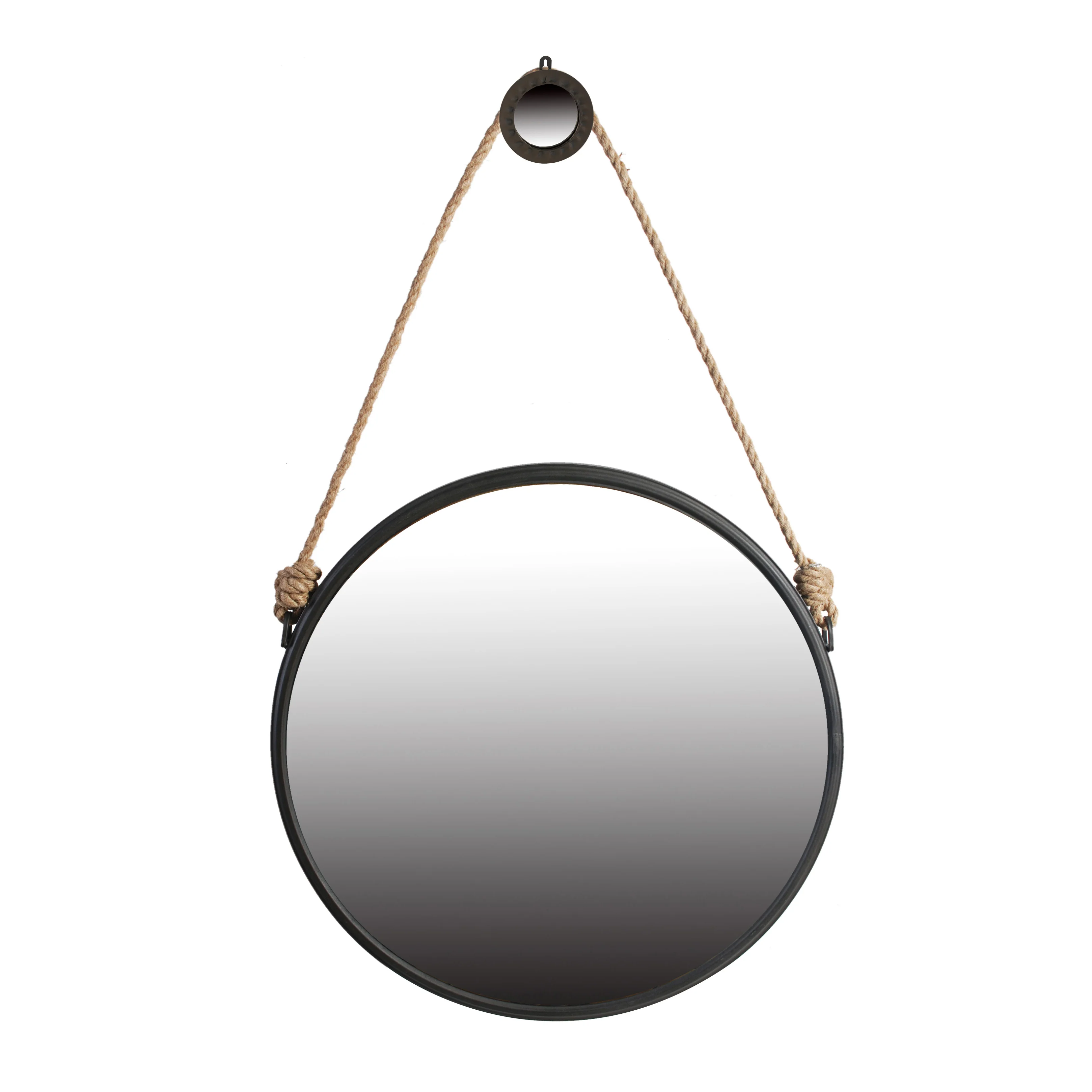 29.5 Rope Strap Hanging Round Mirror with Metal Framed, Black