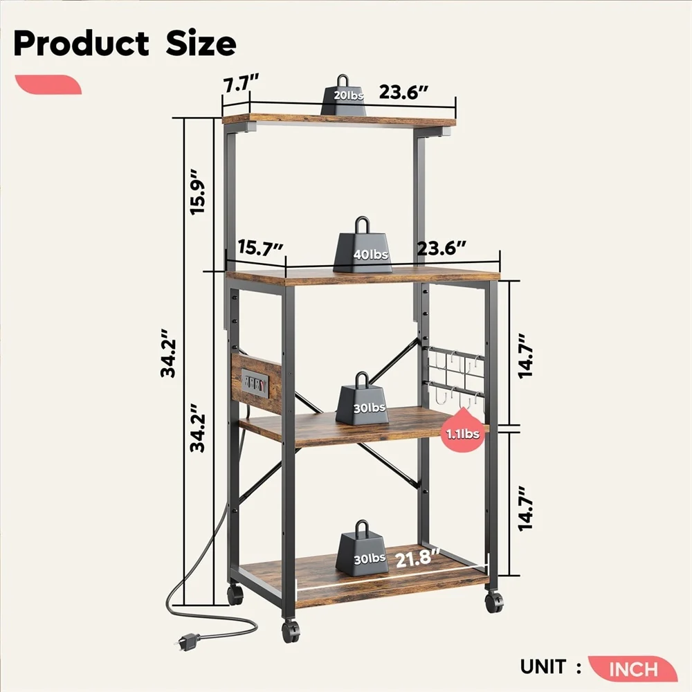 Kitchen Bakers Rack with Storage Shelves &USB Outlets, Microwave Oven Stand Kitchen Shelf Organizer