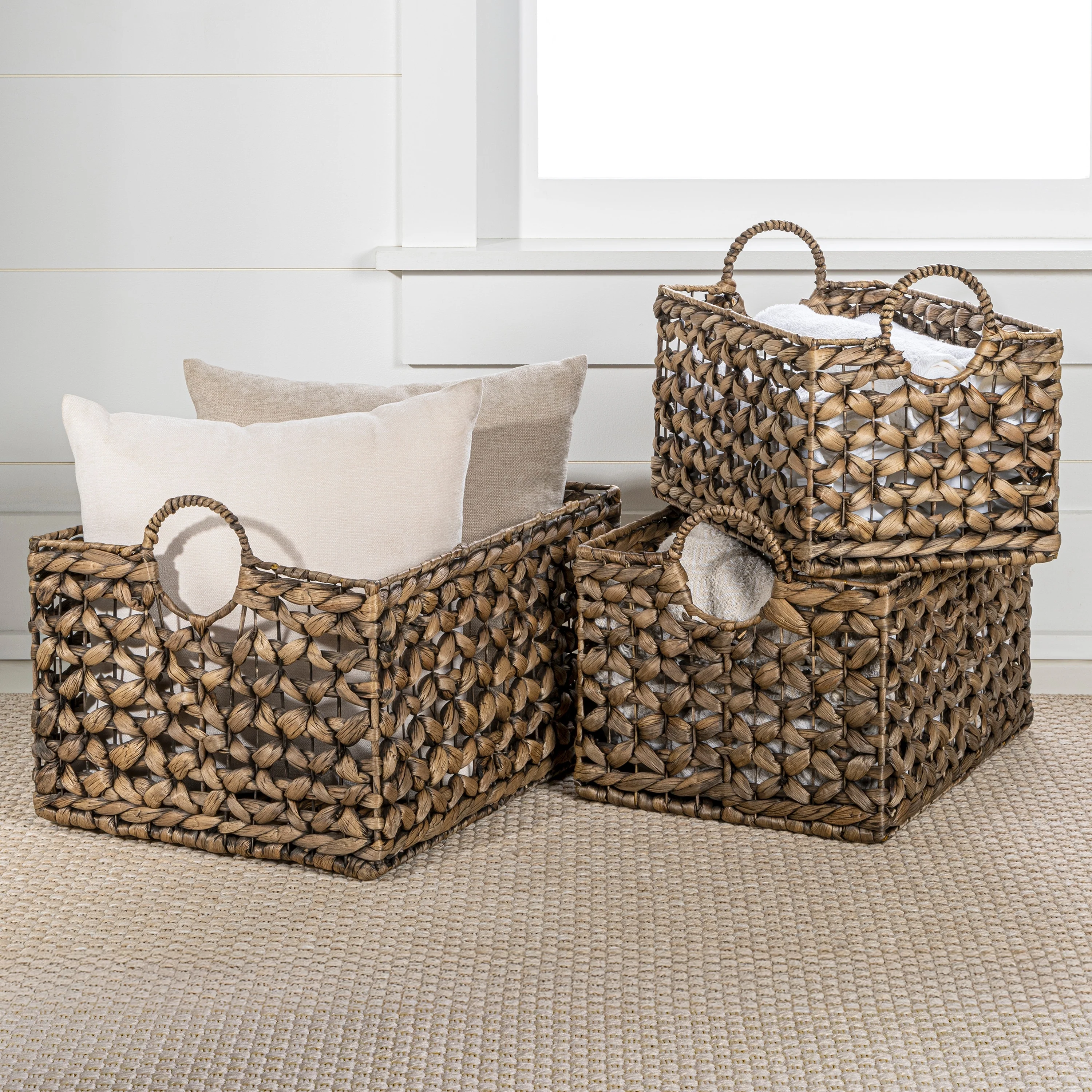 Woven Hyacinth Rectangular Storage Baskets with Handles (Set of 3)