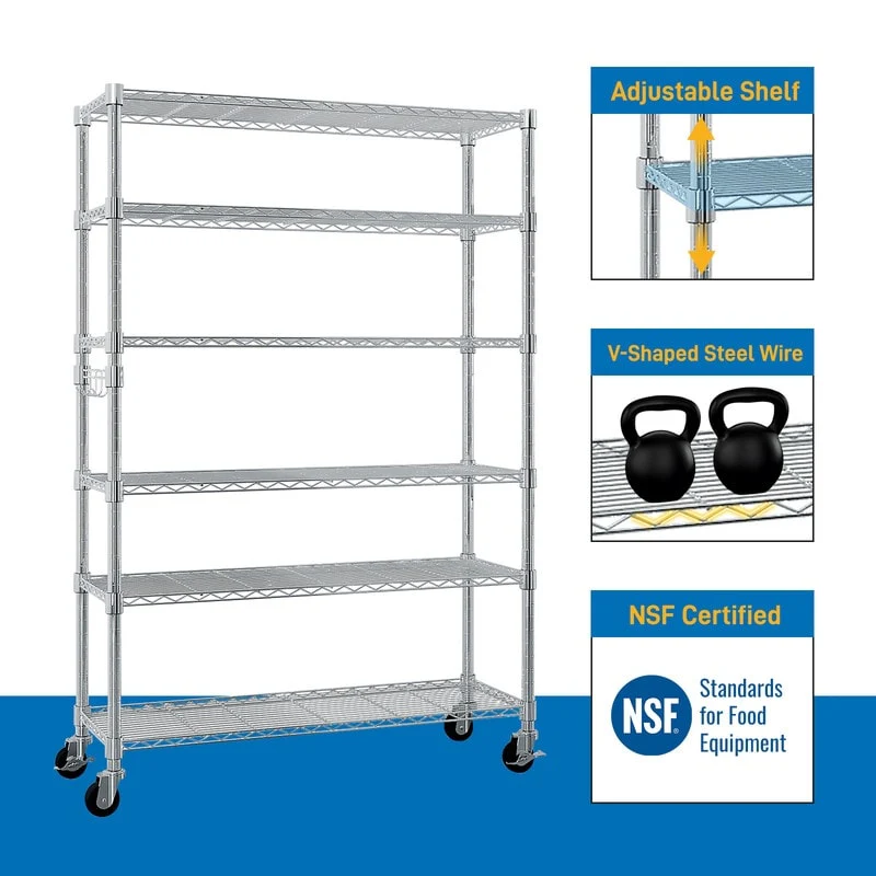6-Tier NSF-Certified Steel Wire Shelving Rck with Wheels