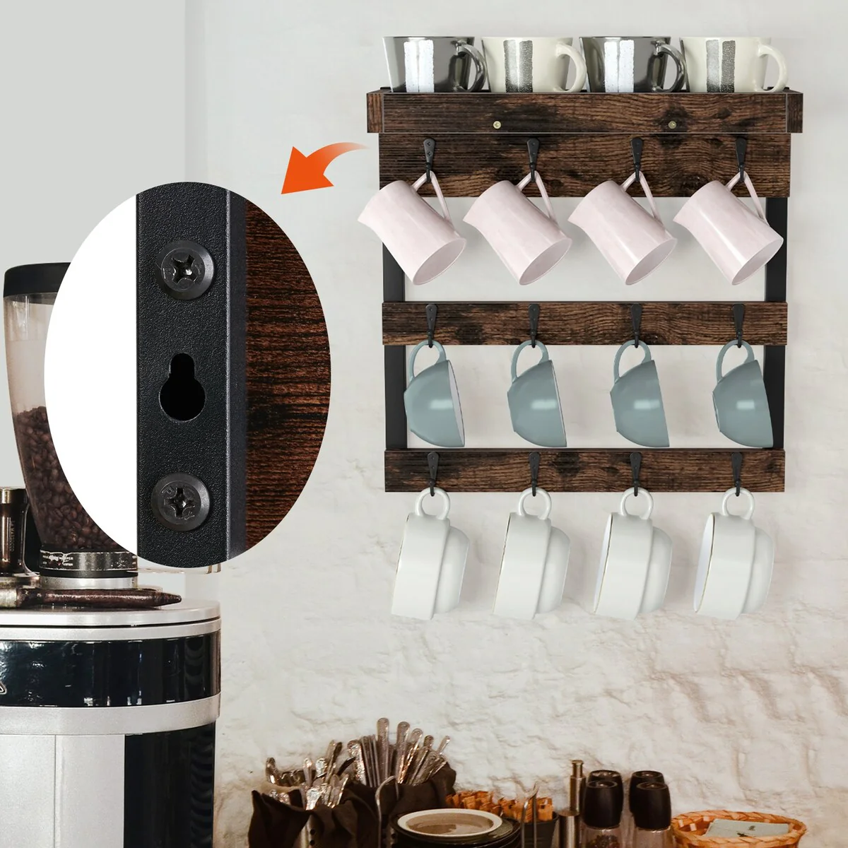 Coffee Mug Display Rack Wall Mounted Shelf with 12 Hooks for Kitchen