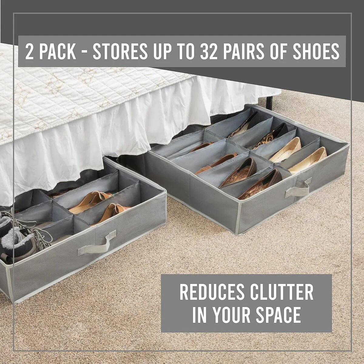 HOLDN' STORAGE Under Bed Shoe Organizer - Set of 2, Tear-Resistant 600D Material - Holds Up to 32 Pairs of Shoes