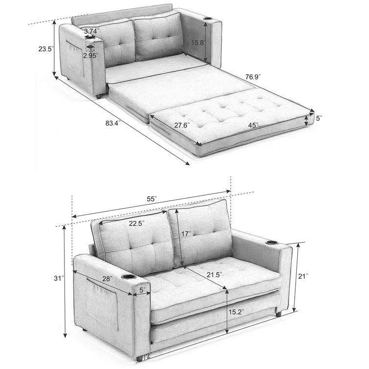 3-in-1 Convertible Sofa Bed Upholstered Tufted Futon Sofa Bed With Cup Holders,pull-out Sleeper