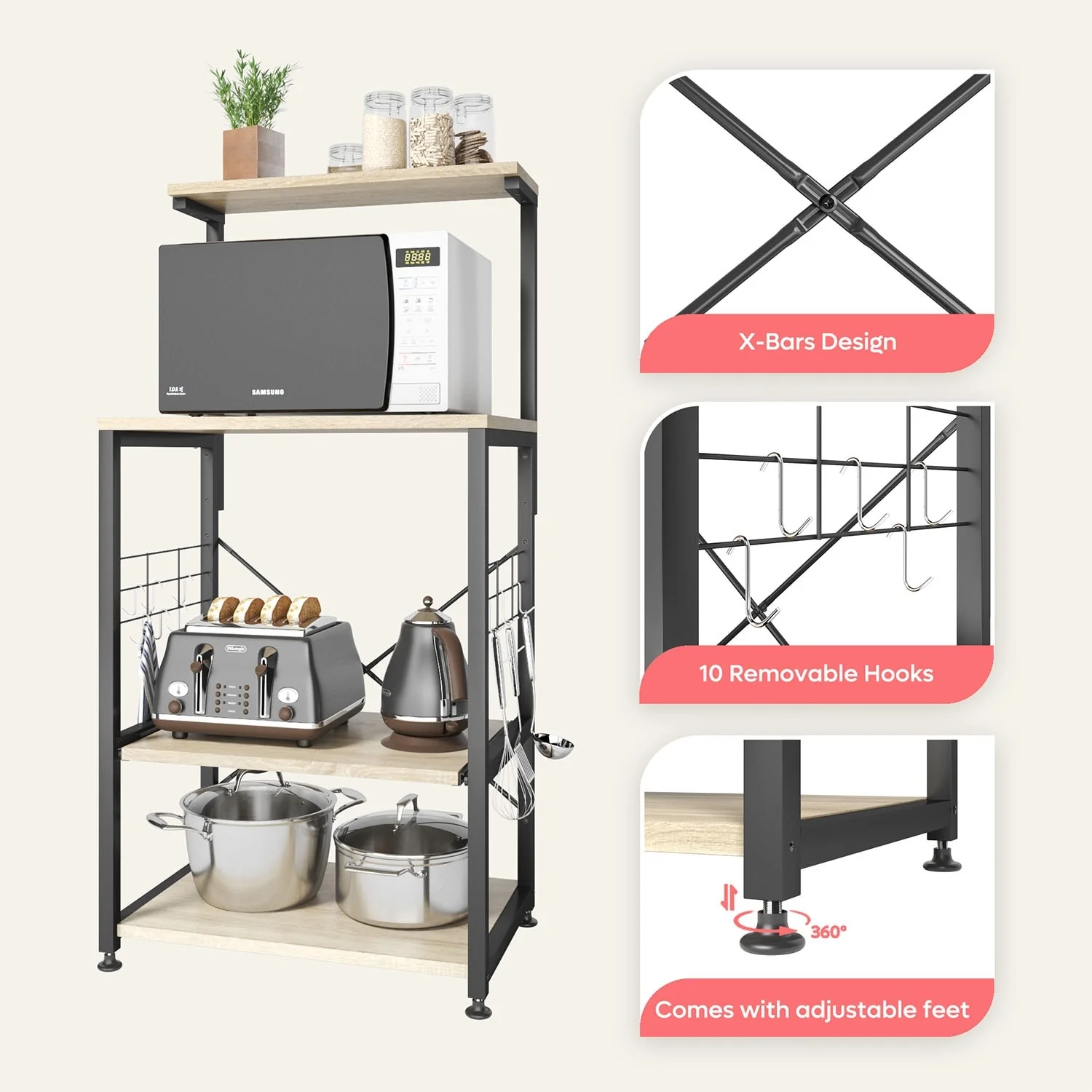 Kitchen Bakers Rack with Storage Shelves &USB Outlets, Microwave Oven Stand Kitchen Shelf Organizer