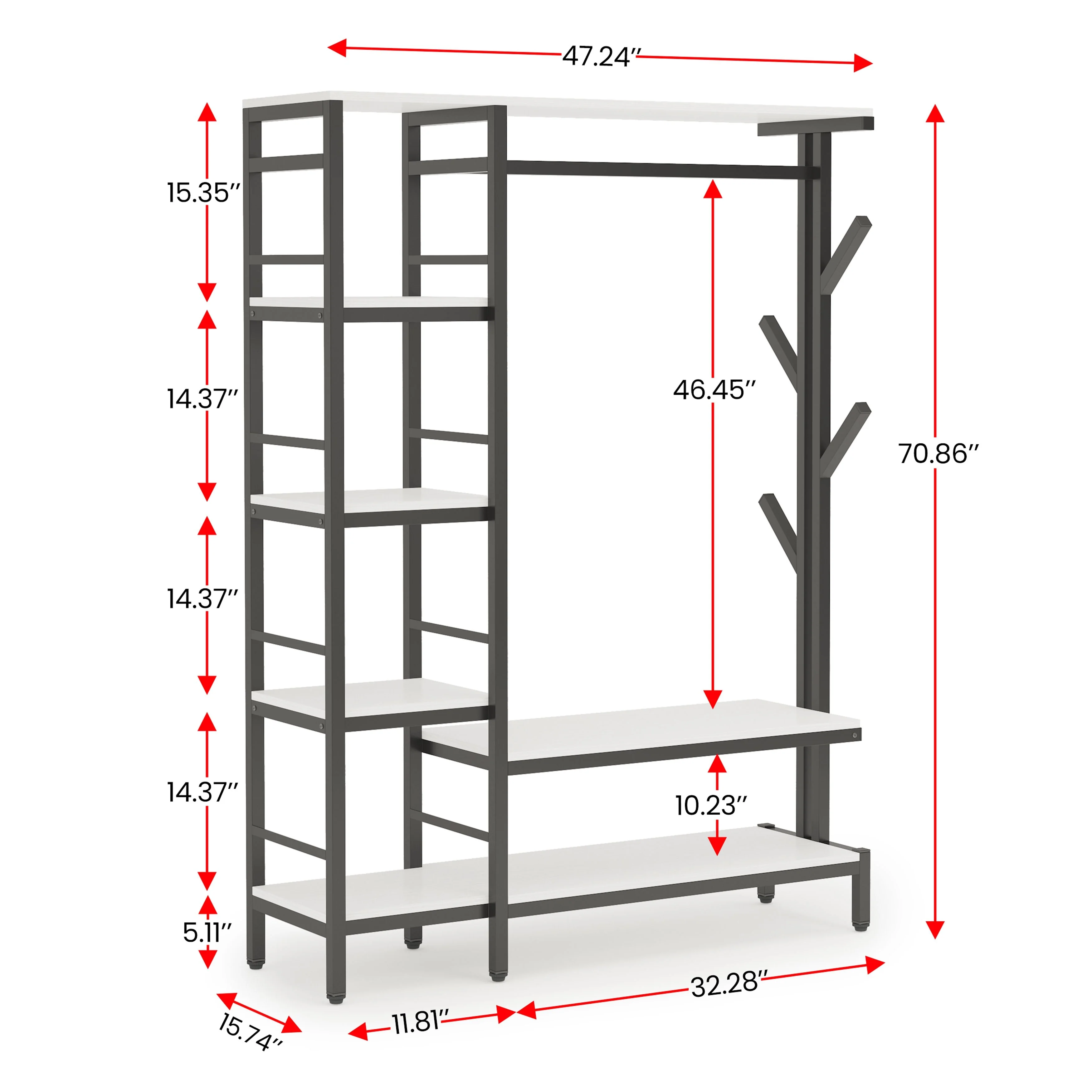 Free-standing Closet Organizer with Hooks, Garment Rack, Coat Rack with Shoe Bench