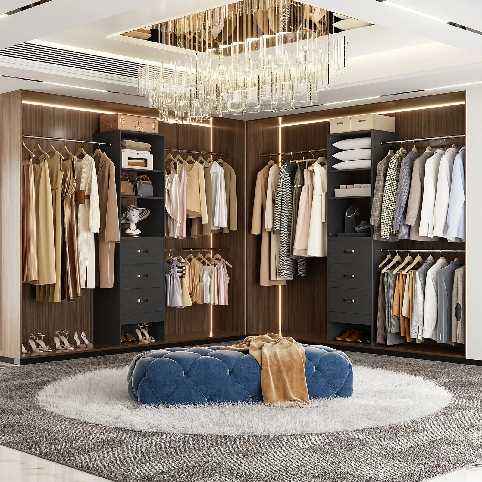 20.5-96'' W Closet Organizer System with Extendable Hanging Rods and Drawers and Tower Shelves