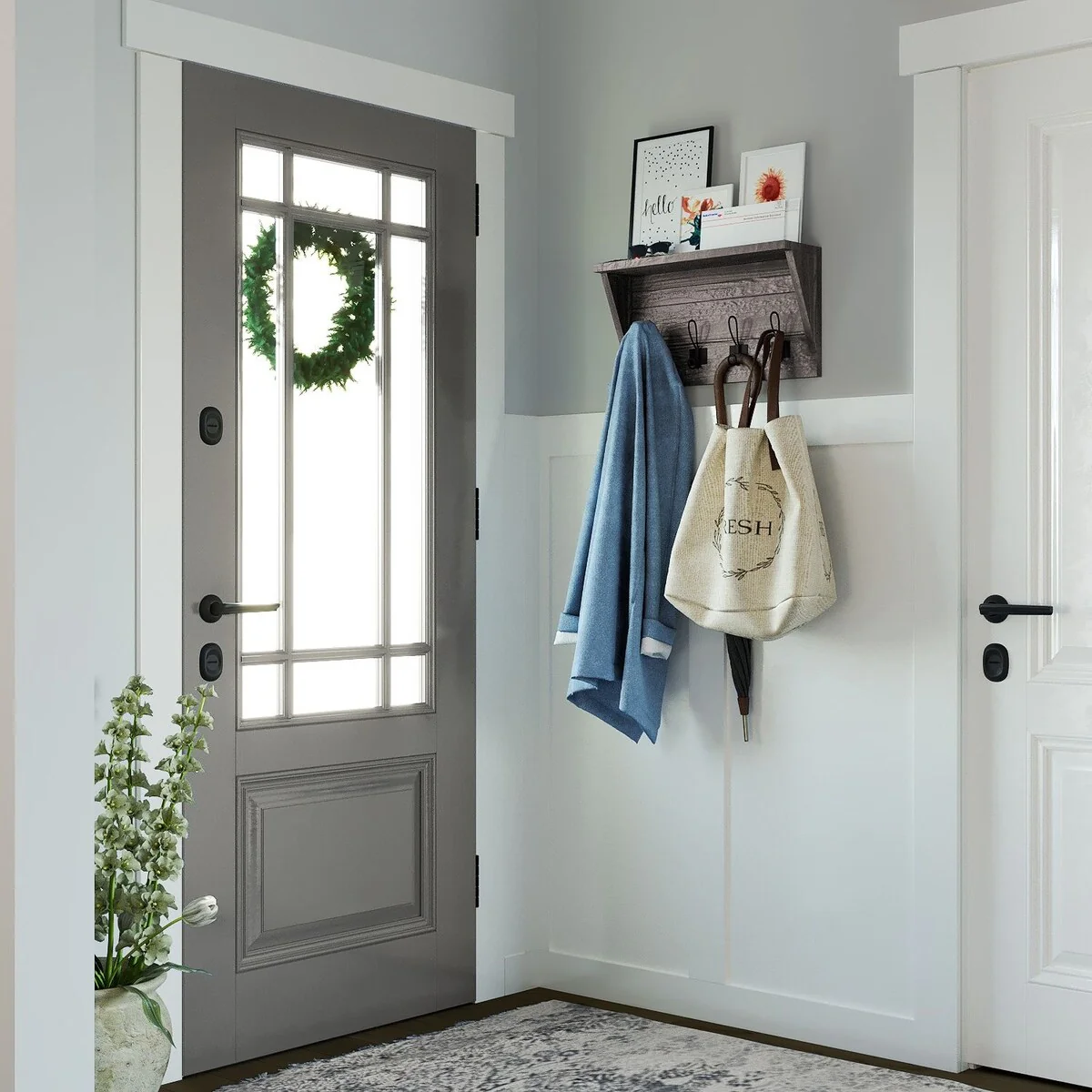 Wallniture 17'' Wood Wall Mounted Coat Rack with Shelf Entryway Mail Organizer Wood Key Holder 8 Hooks - N/A