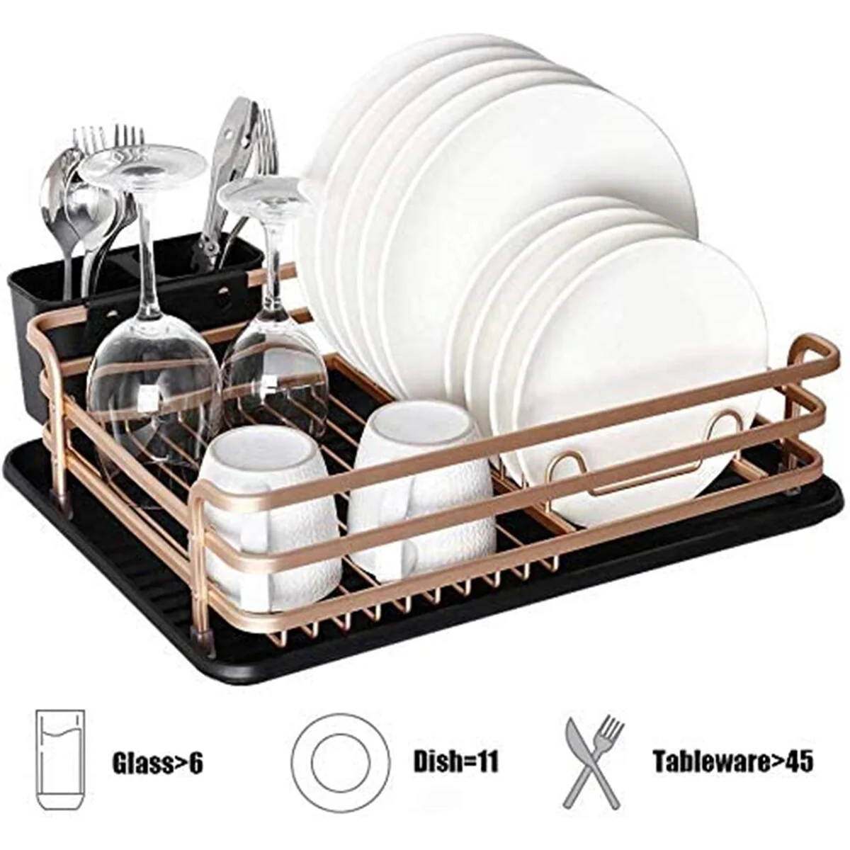 Aluminum Dish Drying Rack with Cutlery Holder, Rose Gold
