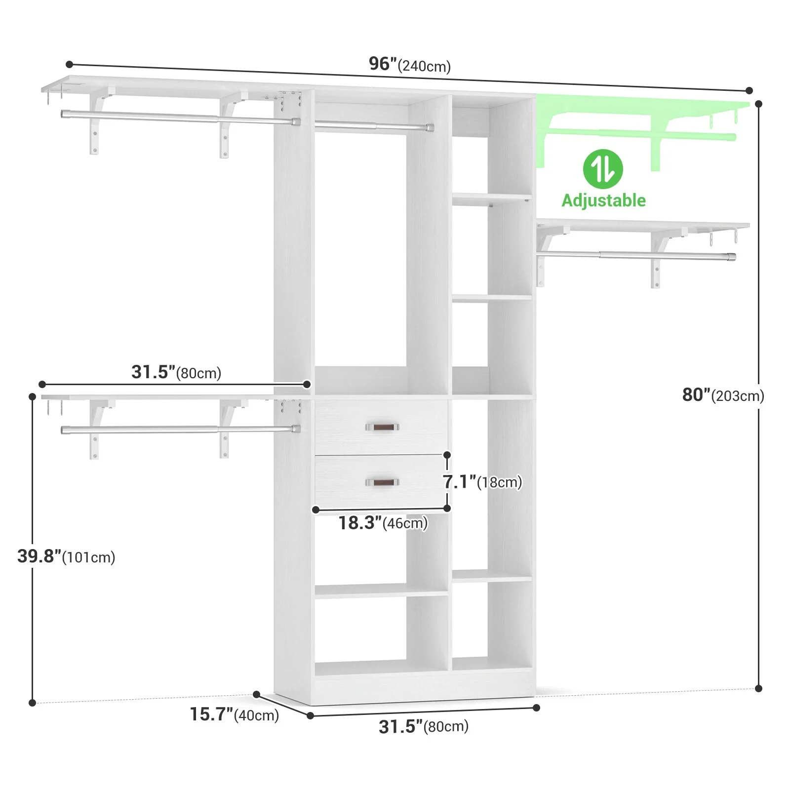 31.5'' to 96'' W Closet Organizer System with Drawers and Tower Shelves for Reach-in and Walk-in Closet