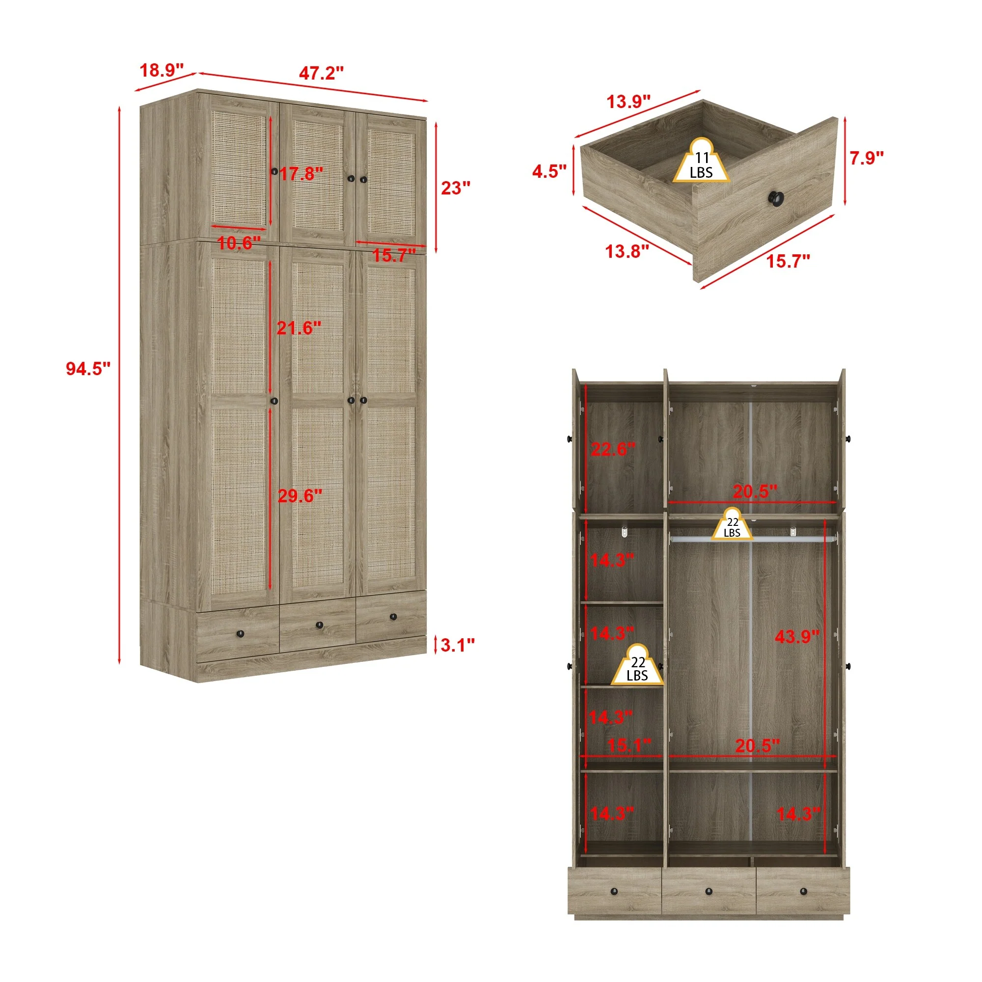 Large Storage Wardrobe Versatile Rattan Door Closet with Deep Drawers