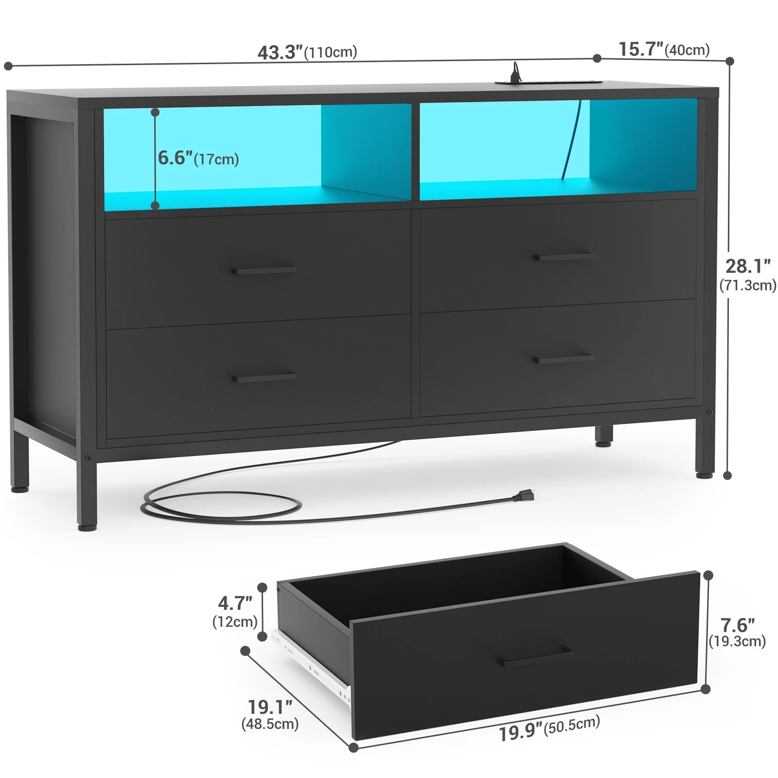 Chest of Drawers with LED Lights and Outlets,Wood Drawer Dresser for Clothes Storage