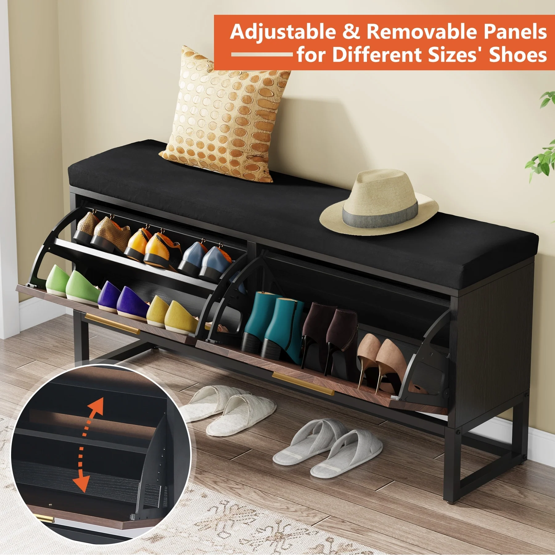 Shoe Storage Bench with Cushion, Entryway Shoe Bench with 2 Flip Drawers