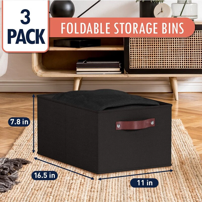 3 Pack Collapsible Shelf Basket Rectangle Storage Bins with Faux Leather Handles