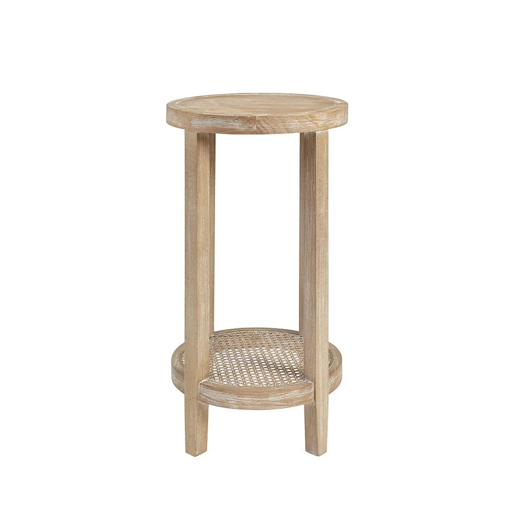 Round Accent Table with Lower Rattan Cane Shelf