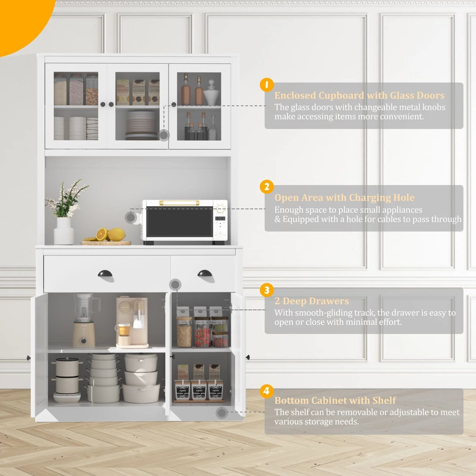 VEIKOUS Kitchen Pantry Storage Cabinet Cupboard with Framed Glass Door and Drawer