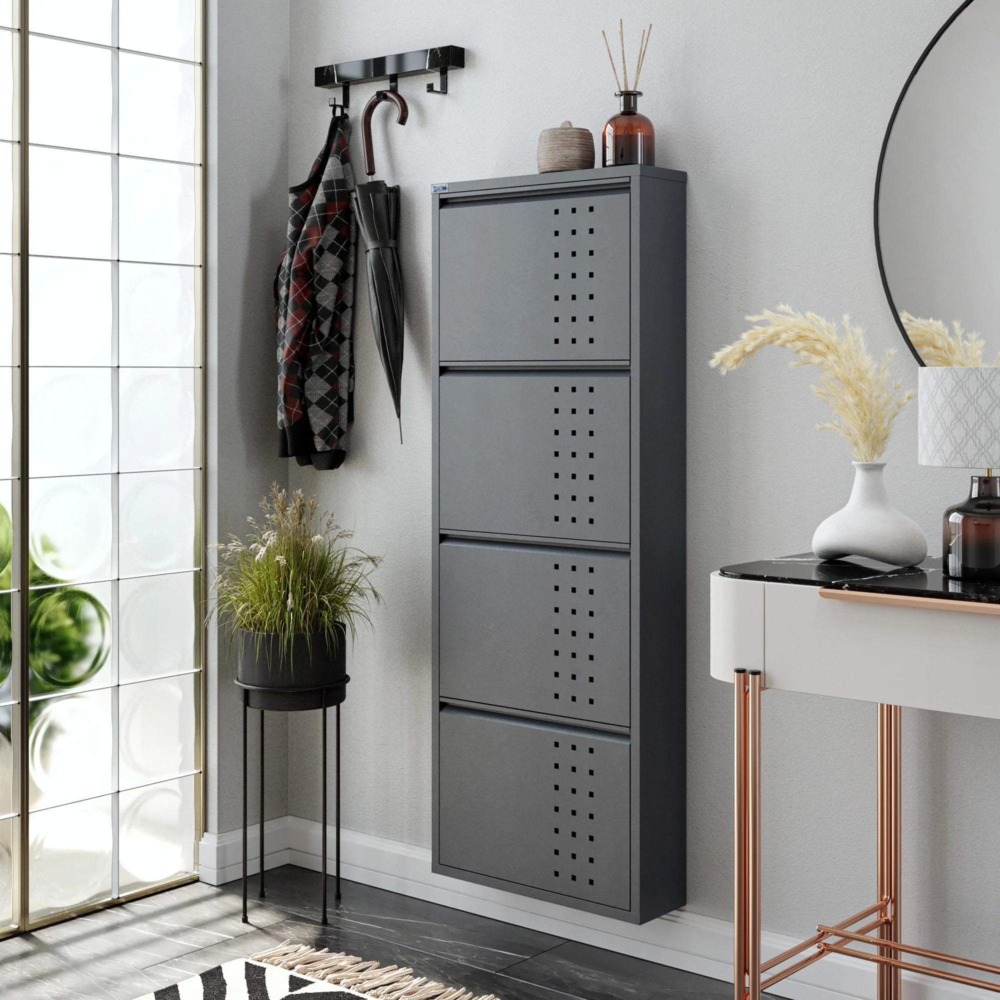 Antibacterial 4 Tier metal shoe cabinet front holes