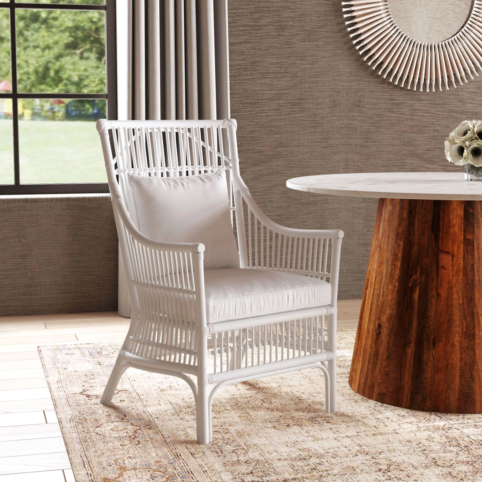 Rattan Slat Back Dining Arm Chair White