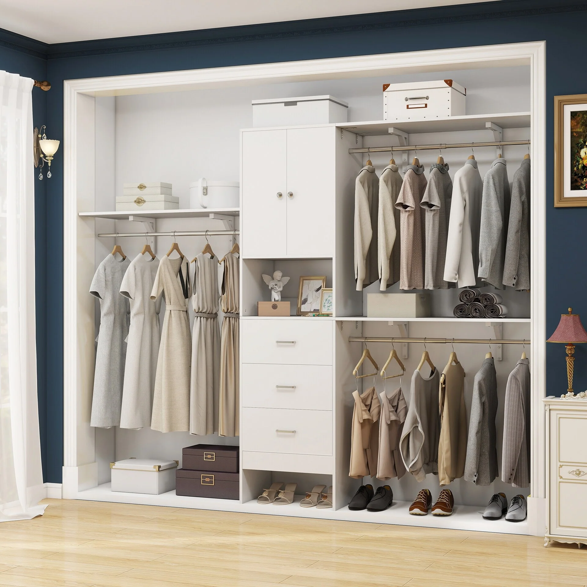 20''-96'' Wide Wooden Closet Organizer With Doors, Adjustable Closet System with Drawers and Hanging Rods